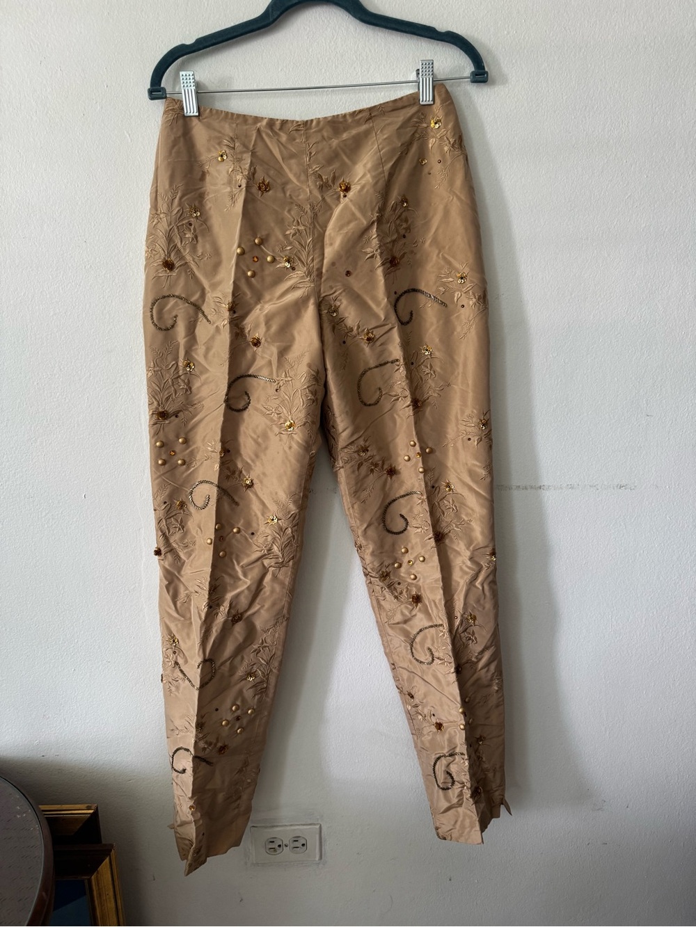 Chetta B Embroidered Beaded  Gold Silk Pants